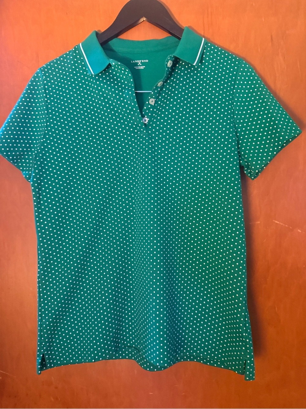 Lands' End Teal Green Polka Dot Polo